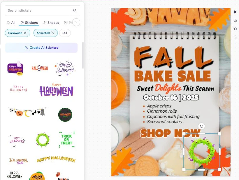 Éditeur de création avec l'onglet Stickers filtré sur les stickers animés et un sticker animé de couronne de slime ajouté à un flyer de vente de gâteaux.