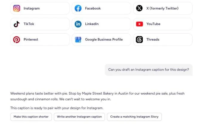KI-klets skryf 'n Instagram-onderskrif vir 'n bakkery se ontwerp, met knoppies om sosialemedia-rekeninge te koppel.