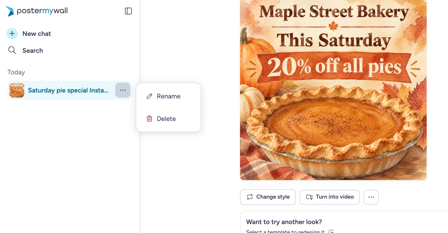 La liste de l'historique du chat IA avec un menu d'options affichant Renommer et Supprimer pour un chat.