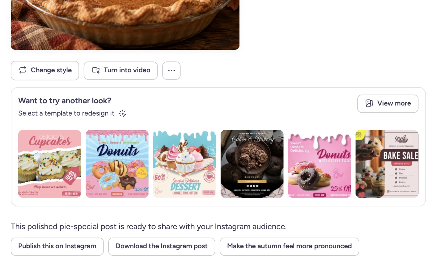 Chat IA affichant une rangée de modèles recommandés sous un flyer de boulangerie qui vient d'être créé