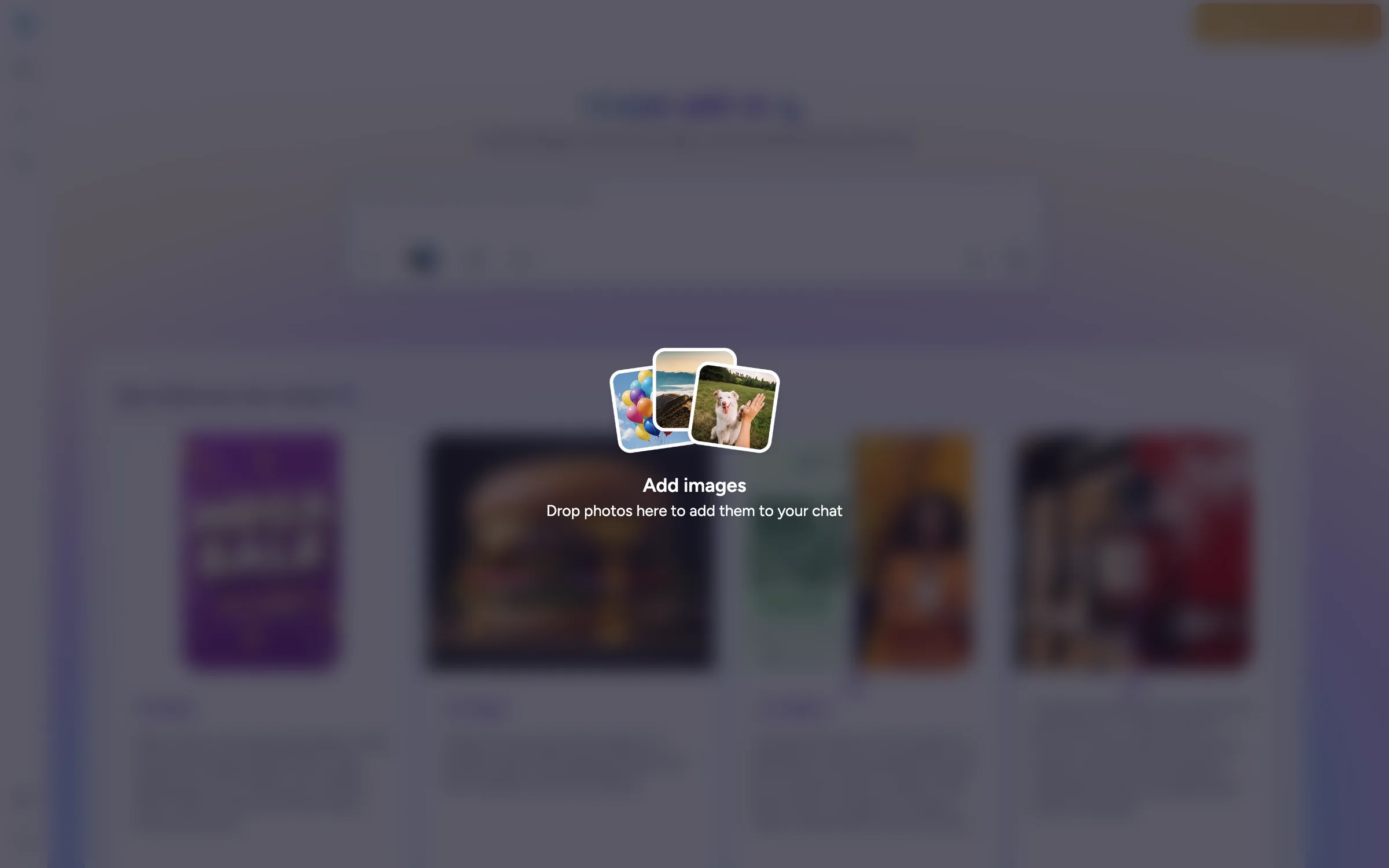 La zone de message du chat IA avec un bouton d'import et une zone de dépôt demandant de déposer des photos ici.