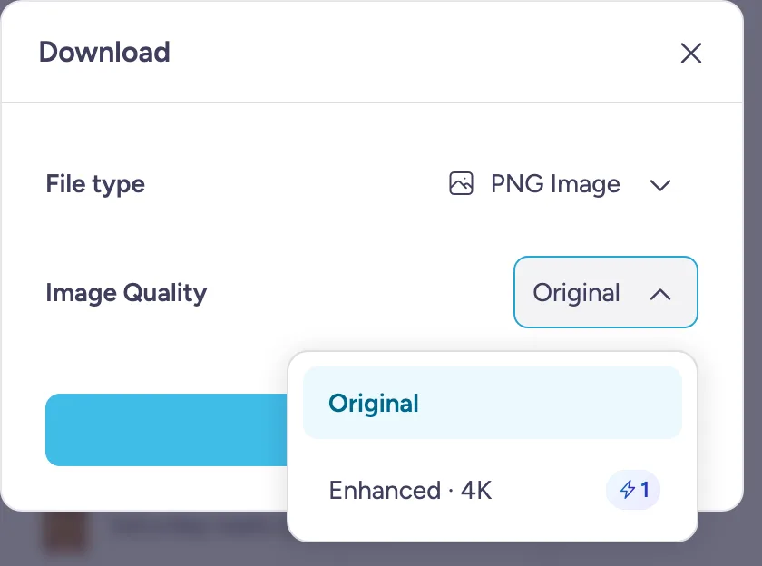 Panneau de téléchargement d'une image IA avec des choix de type de fichier et de qualité d'image