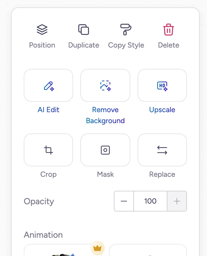 Commandes d'image dans l'éditeur de créations affichant les options AI Edit et AI Upscale.