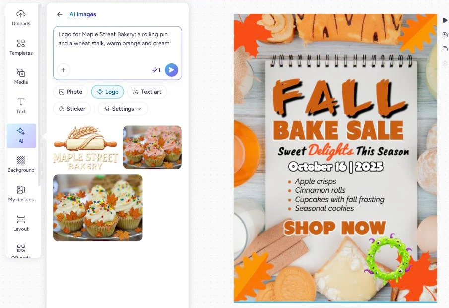 Panneau AI Images dans l'éditeur de création avec Logo sélectionné et un logo de boulangerie qu'il a créé.