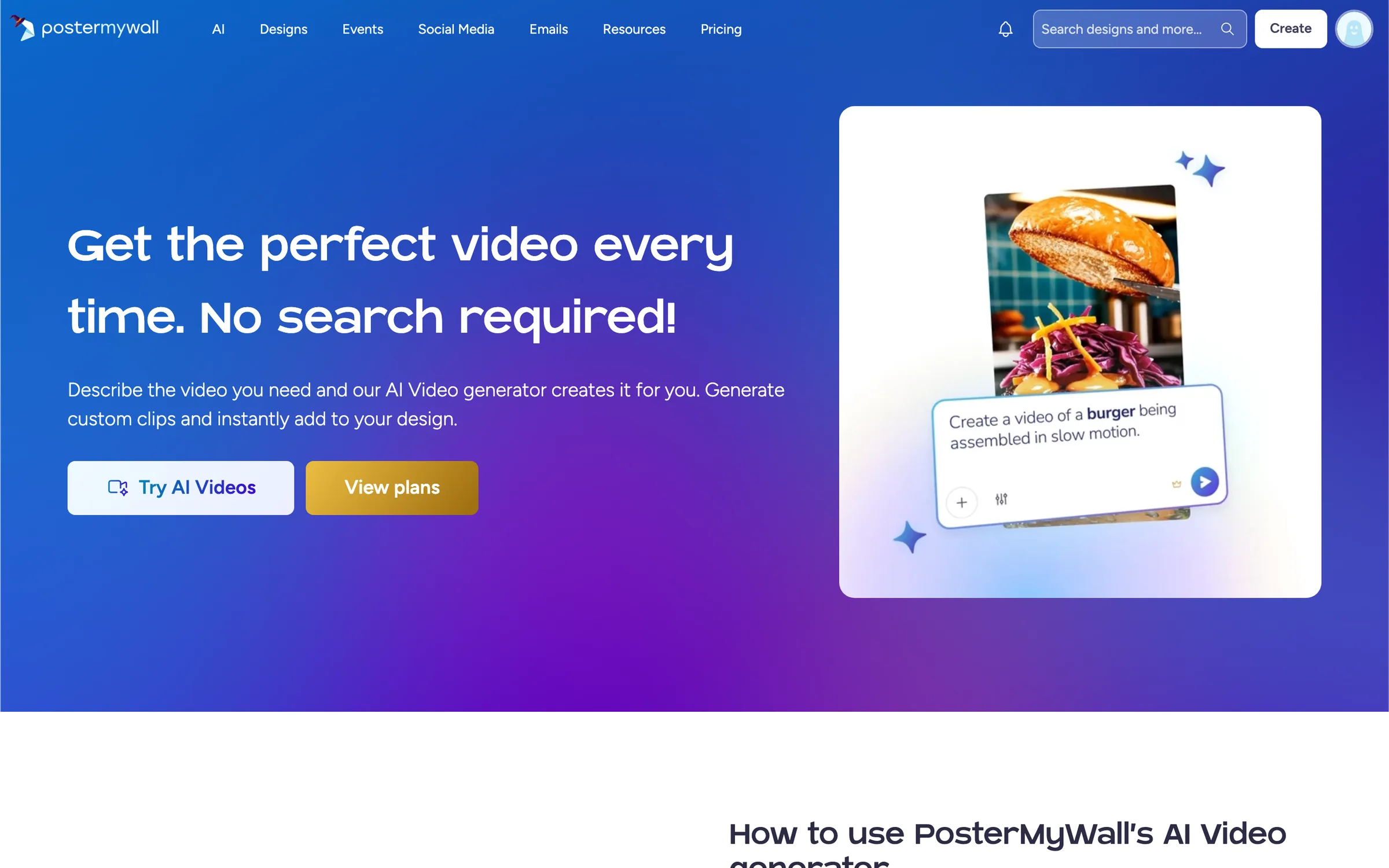 La page AI Videos avec une zone de saisie et des exemples de clips.