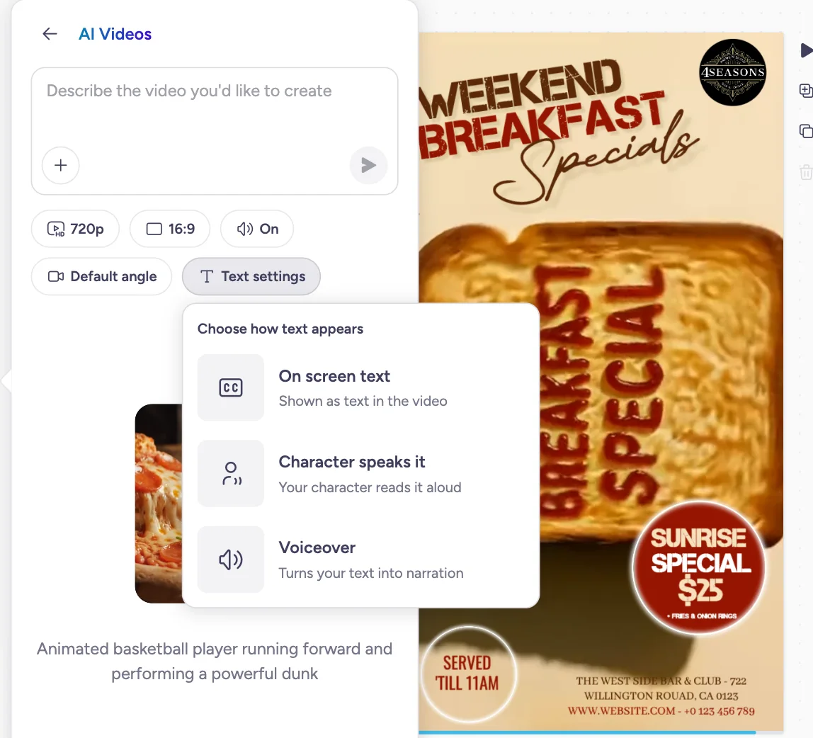 KI-videopaneel met teks-, spraak- en stemoorlegging-instellingpille onder die opdragkassie