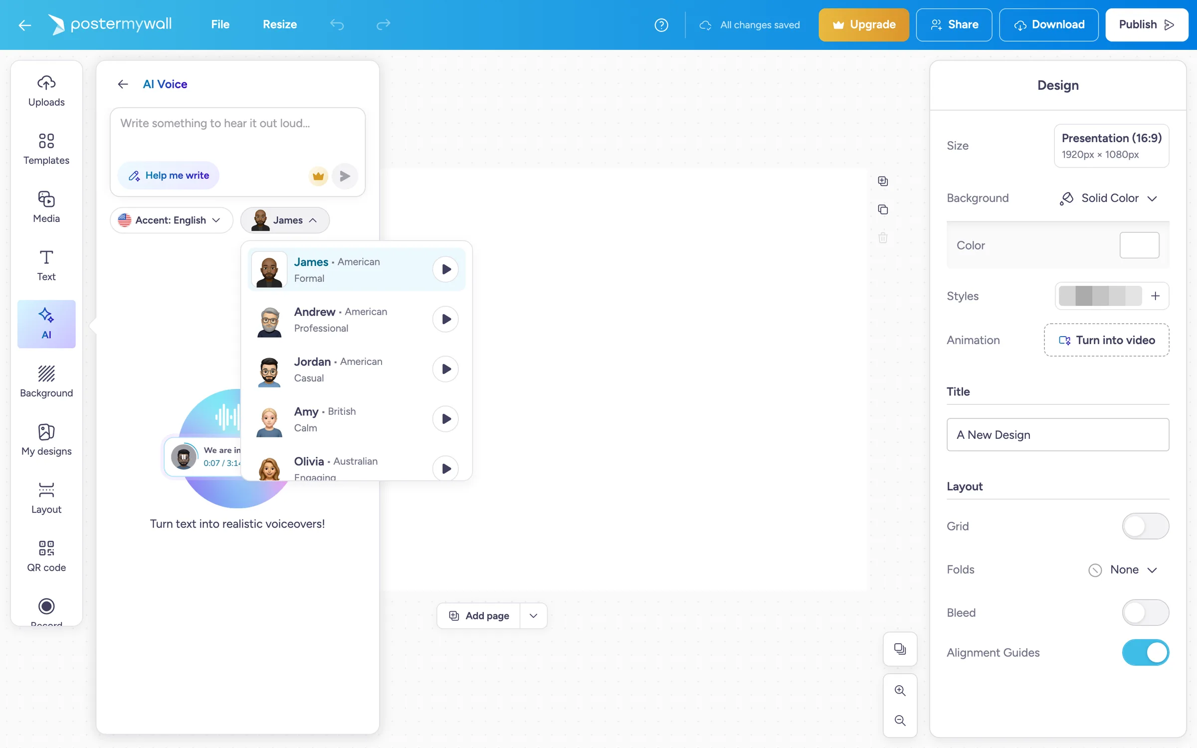 AI Voice-paneel met 'n aksentkieser en 'n kredietprys op elke stem.