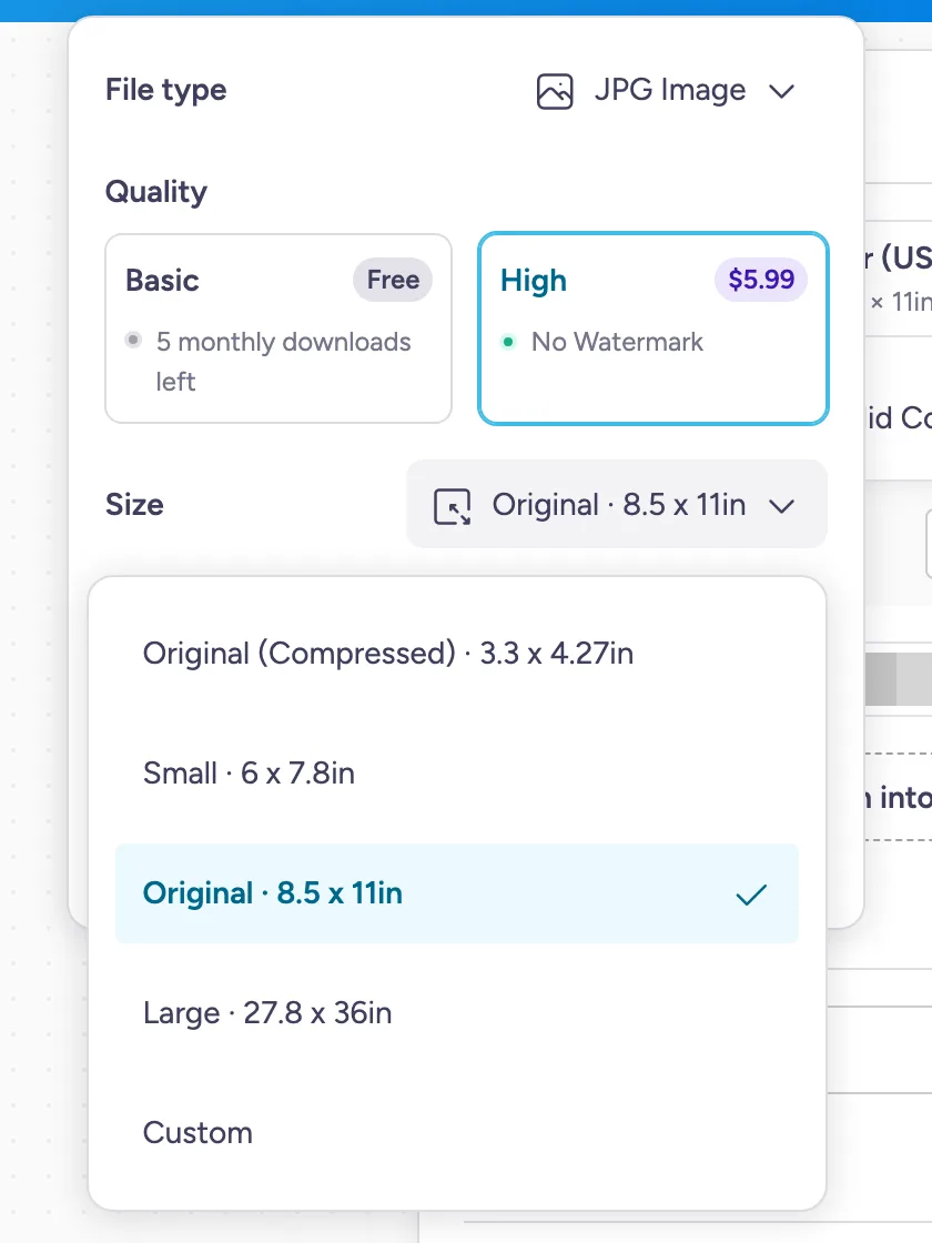 Panneau de téléchargement avec des choix de taille et de qualité, et les prix des options payantes.