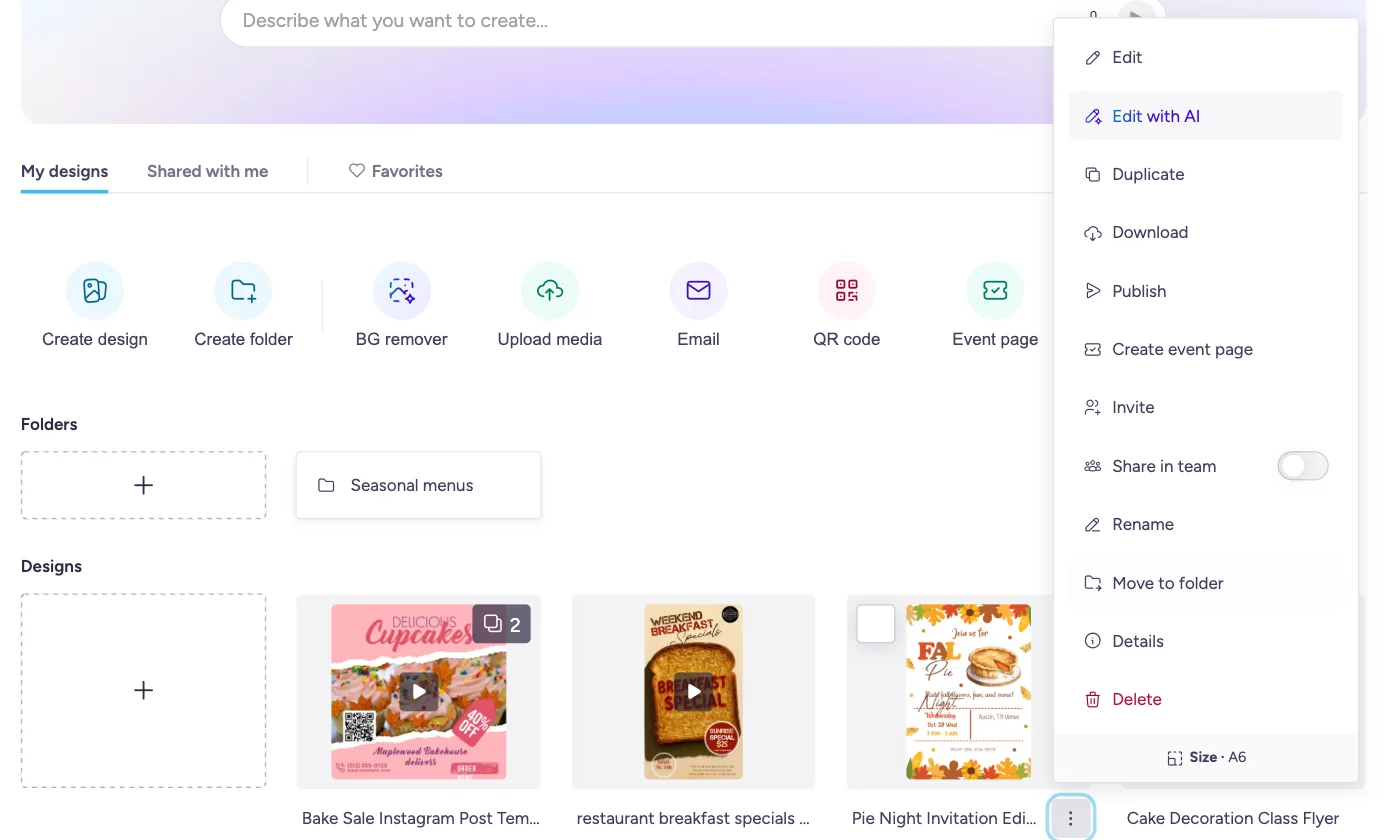 Le menu d'une vignette de création My Stuff avec l'option Modifier avec l'IA mise en évidence.