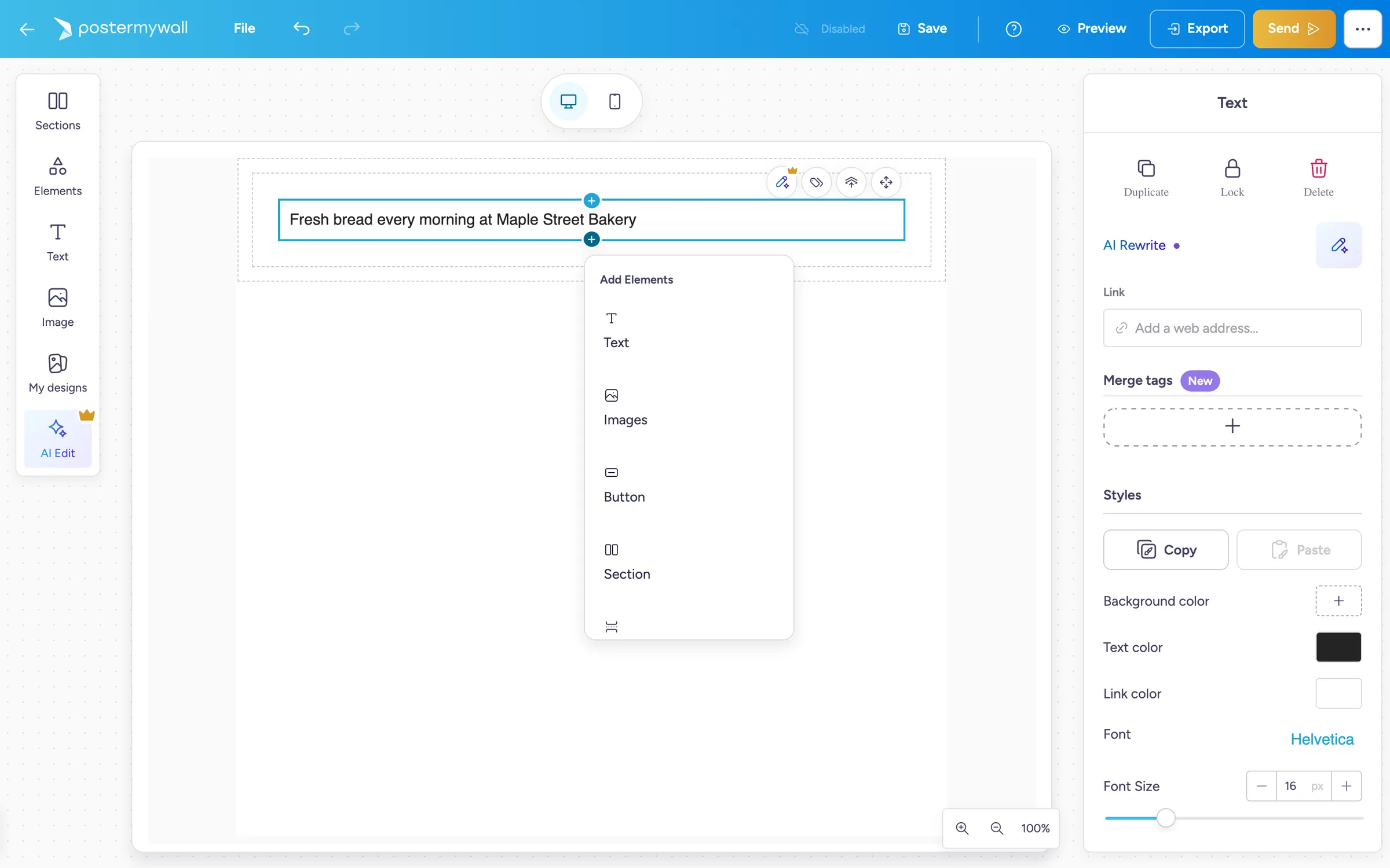 Éditeur d'e-mail avec une section sélectionnée et des boutons plus au-dessus et en dessous.