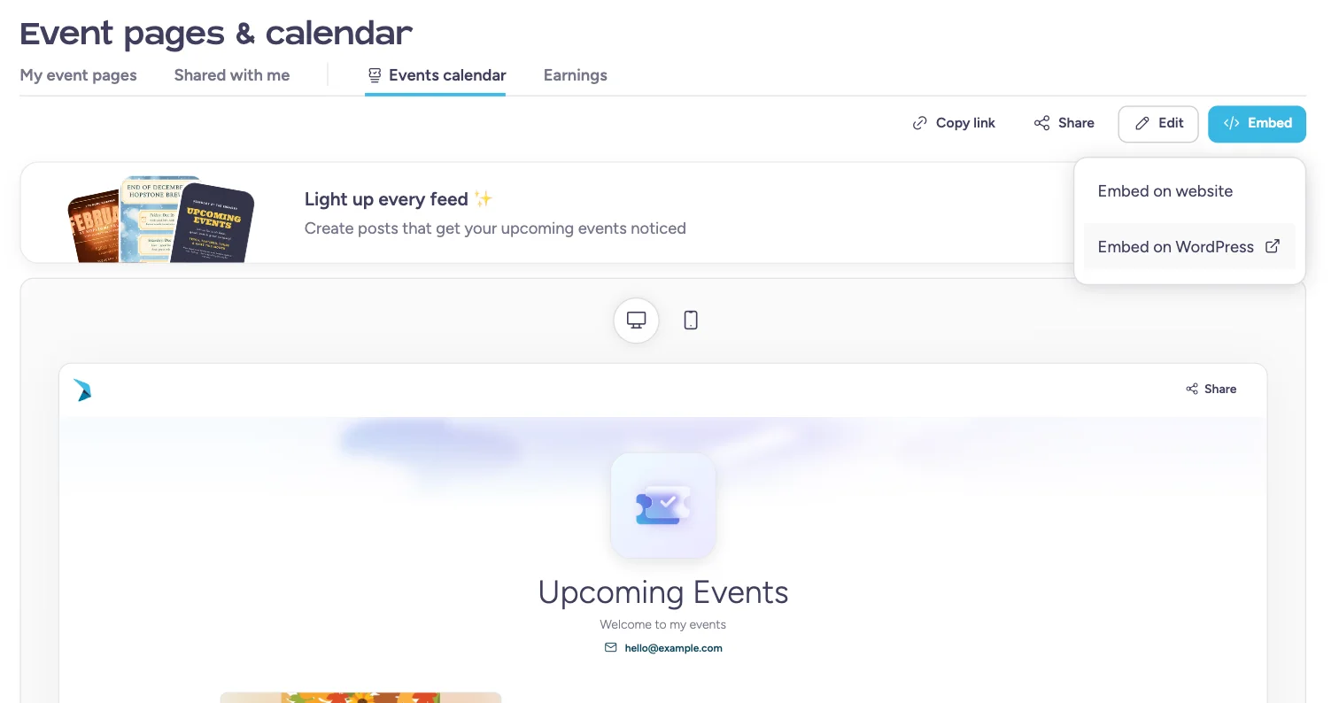 Menu d'intégration du calendrier d'événements avec l'option Intégrer sur WordPress.
