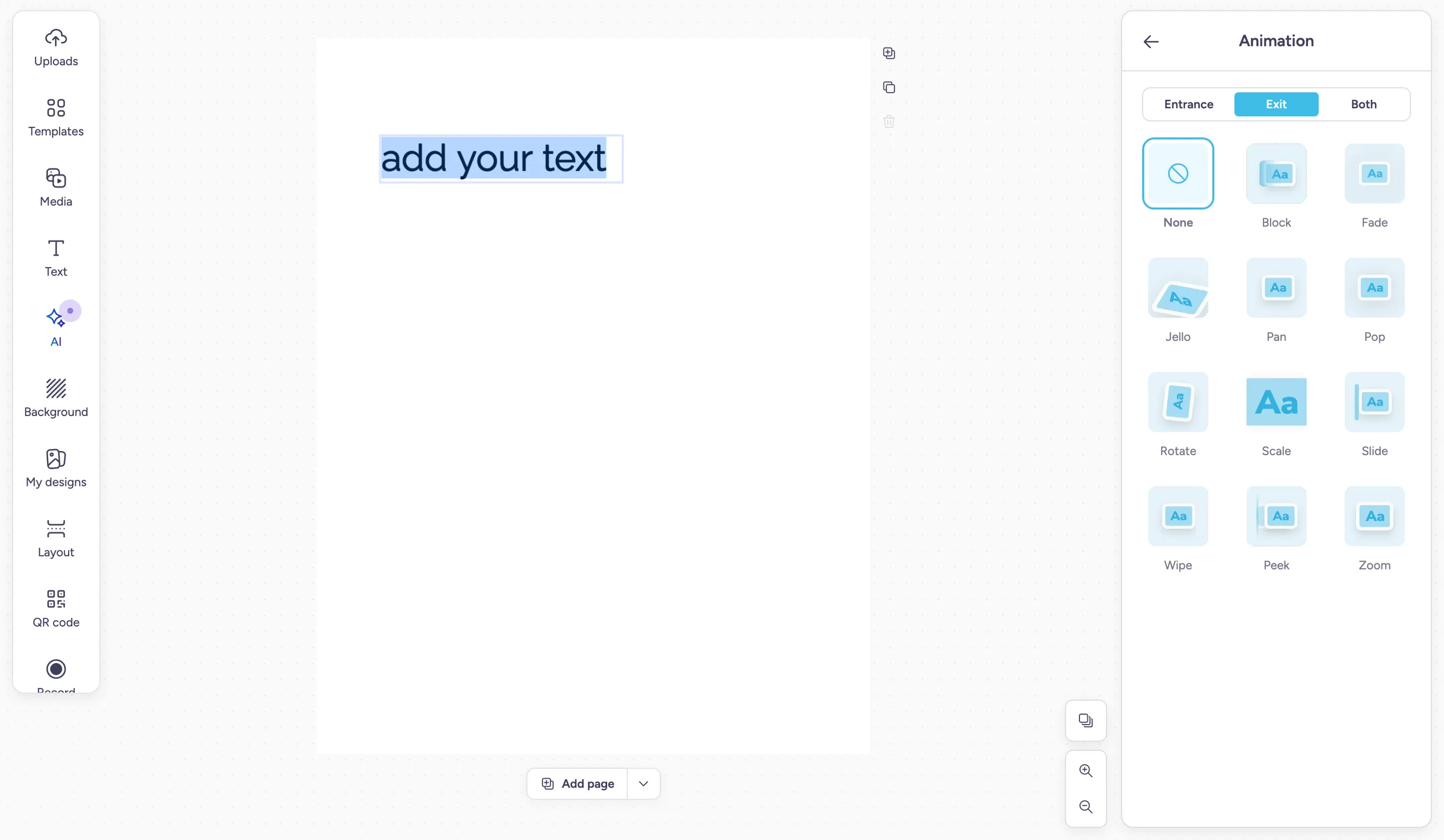 Panneau Animation avec un interrupteur pour les animations d'entrée, de sortie et les deux