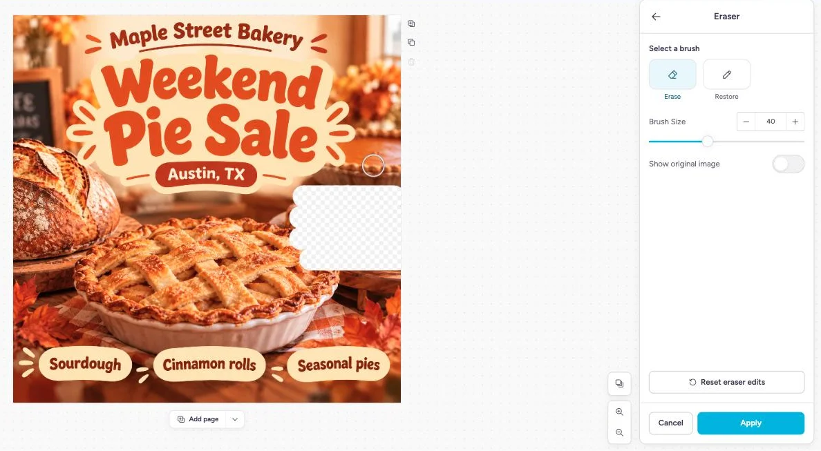 Ontwerpredigeerder met die Eraser-paneel oop en die kaneelbroodjies uit 'n bakkery se tertverkoping-beeld weggeborsel.