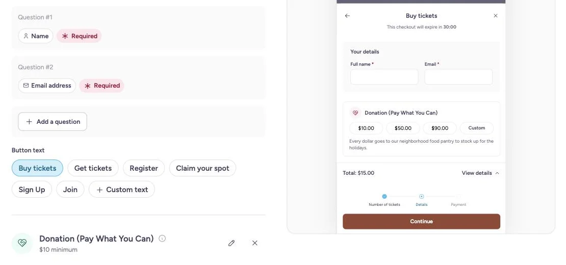 Geleentheidstoordeier met 'n Betaal wat jy kan-skenking opgestel, langs 'n afrekenvoorskou wat skenkings van $10, $50 en $90 aanbied vir 'n kosbankinsameling.