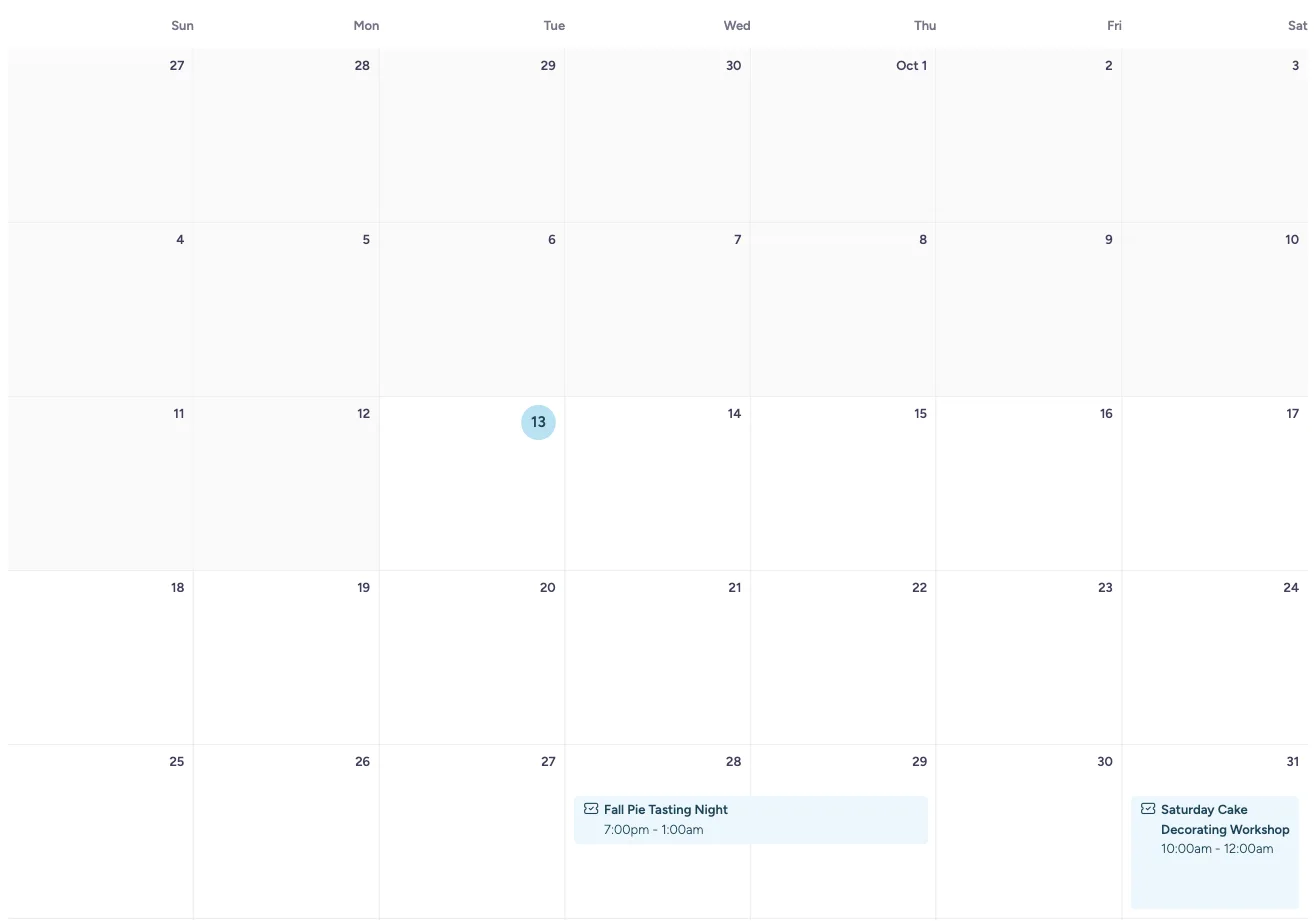 Page d'événements en disposition de calendrier mensuel avec les événements à venir placés à leur date.