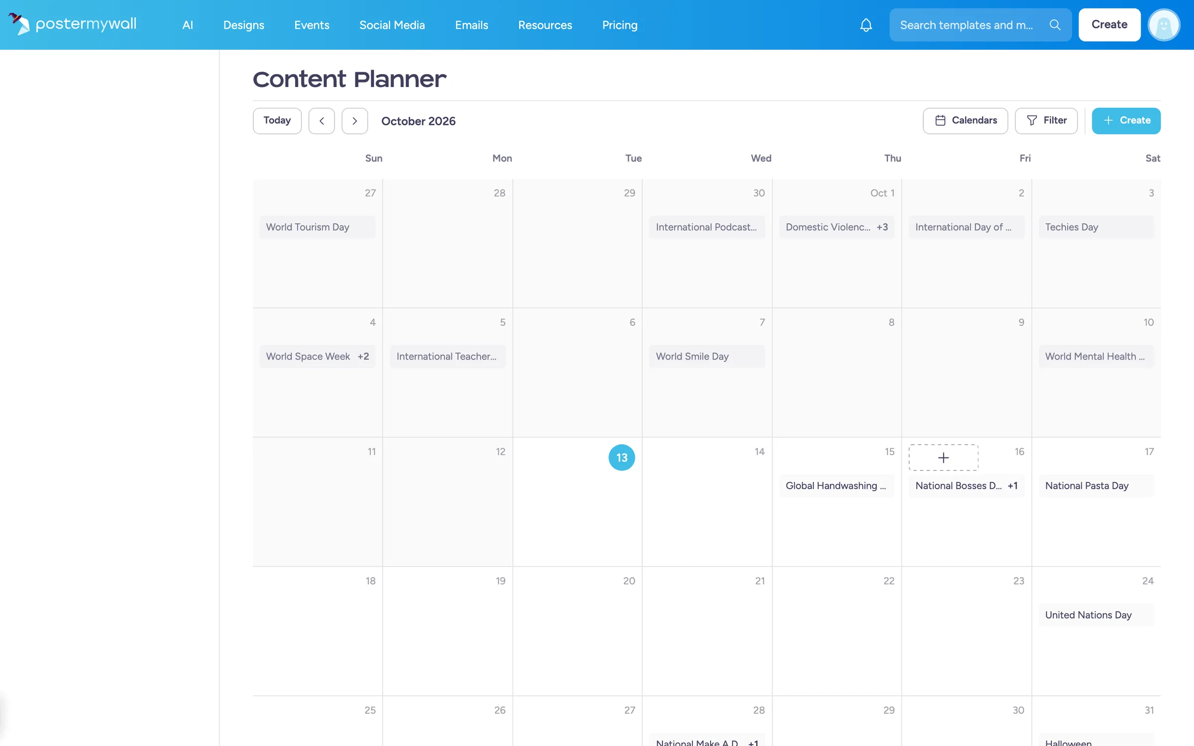 Content Planner-kalender met geskeduleerde plasings en e-posse.