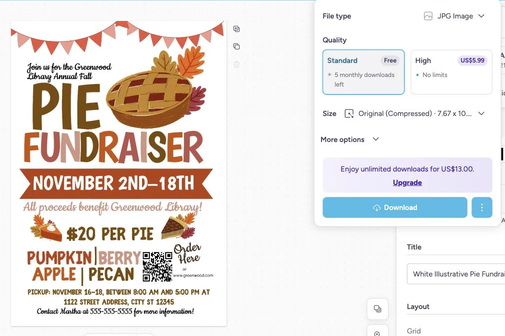 Die aflaaipaneel vir 'n gratis rekening met die Standard-opsie gemerk Gratis gekies langs High, langs 'n tertfondsinsamelingsvlieër.