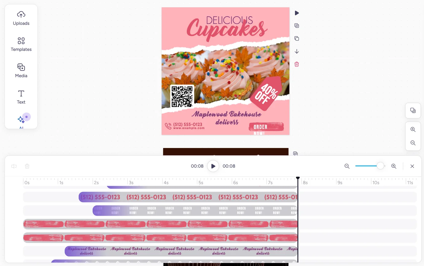 Ontwerpredigeerder met 'n tydlyn onder die doek wat balke vir teks, beelde en 'n klankgreep wys