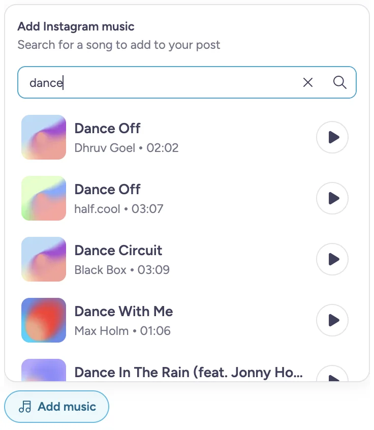 De muziekkiezer van de socialemediawizard met een zoekopdracht naar dance en nummers om te beluisteren, geopend via de knop Muziek toevoegen.