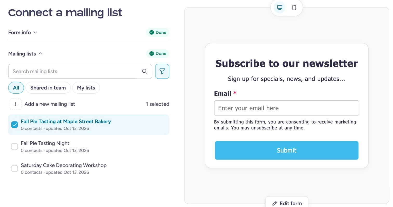 Menu des listes de diffusion avec une zone de recherche, des filtres de propriété et le nombre de contacts
