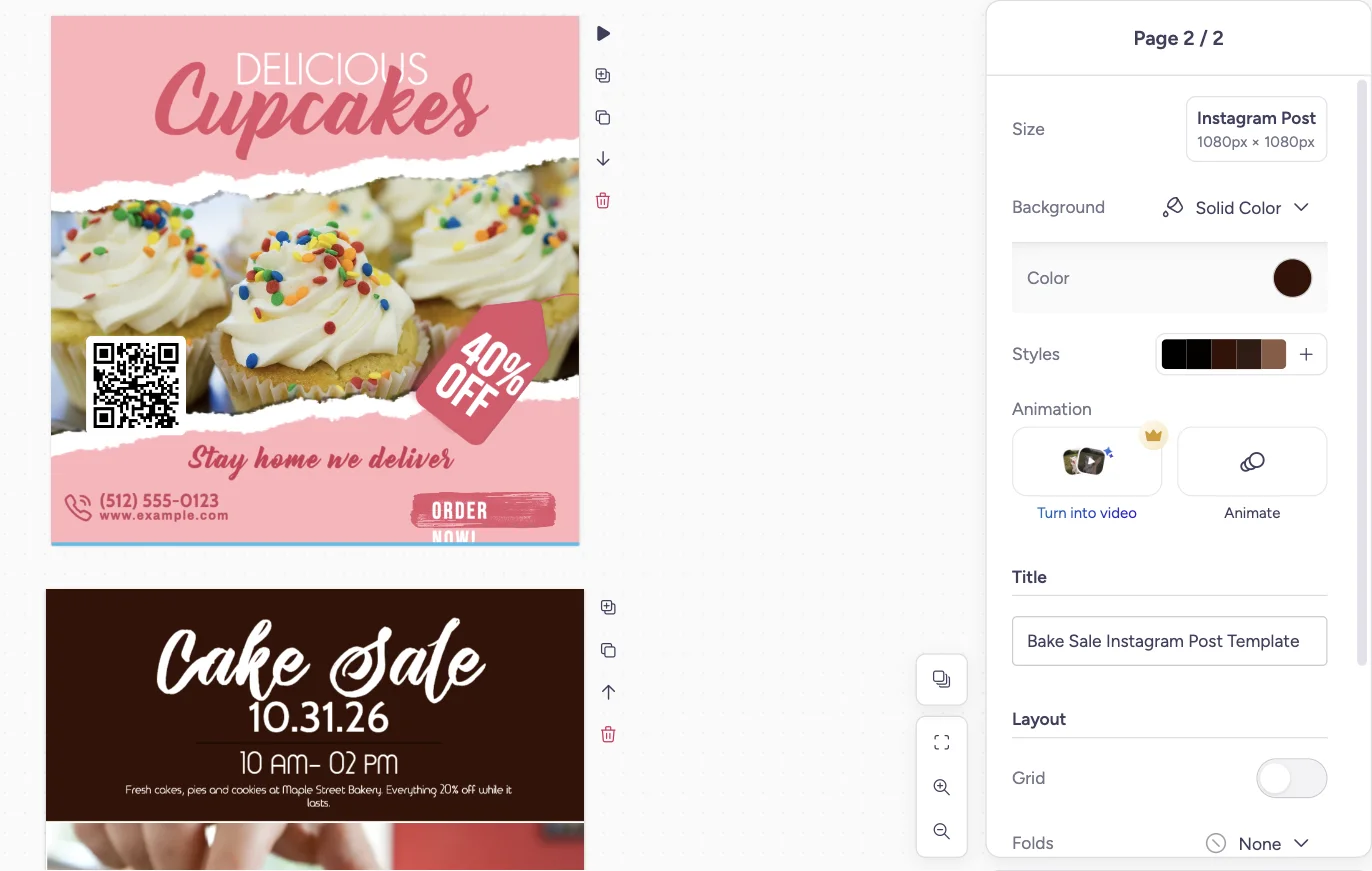 Éditeur de création affichant une rangée de vignettes de pages avec le sélecteur de pages ouvert