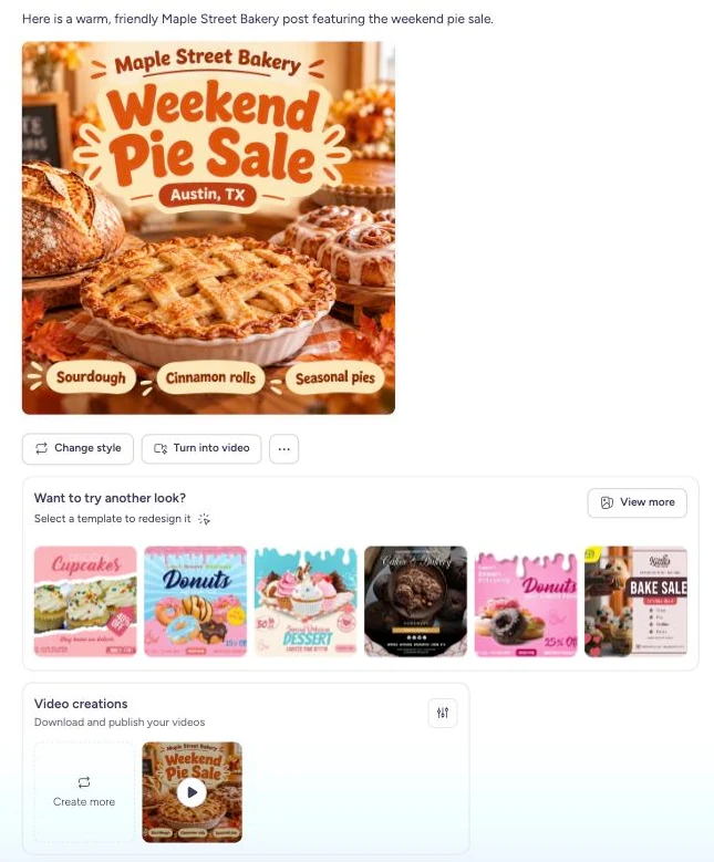 Chat IA avec une création de boulangerie, des boutons pour changer son style ou la transformer en vidéo, des modèles assortis pour changer sa mise en page, et la vidéo terminée.