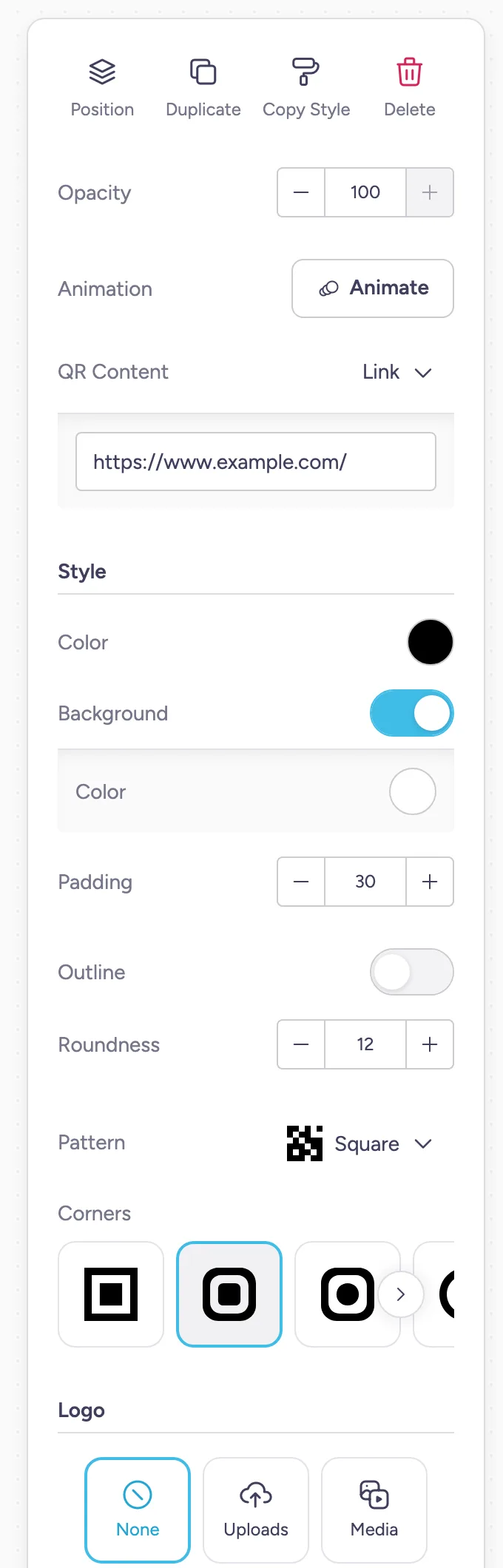 Options de style du code QR dans l'éditeur de créations avec des choix de motif, de coins, de logo et de couleur.