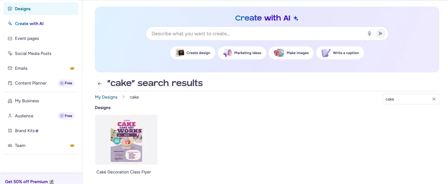Page My Stuff avec une barre de recherche au-dessus d'une liste de créations et de dossiers.
