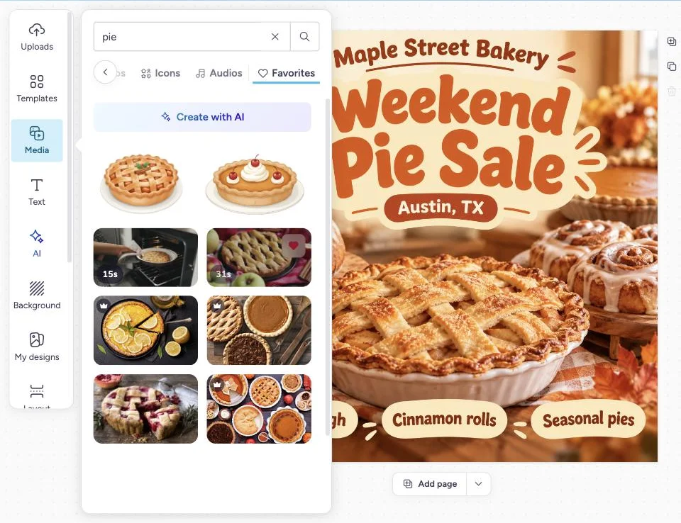 Die redigeerder se Media-paneel op die Favorites-oortjie, met gestoorde tertplakkers, video's en foto's langs 'n bakkery se tertverkoping-ontwerp.