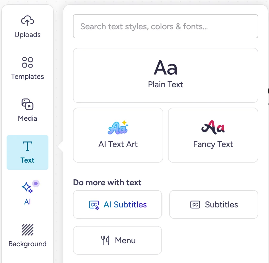 Menu des options de texte dans l'éditeur de créations avec une option Texte artistique