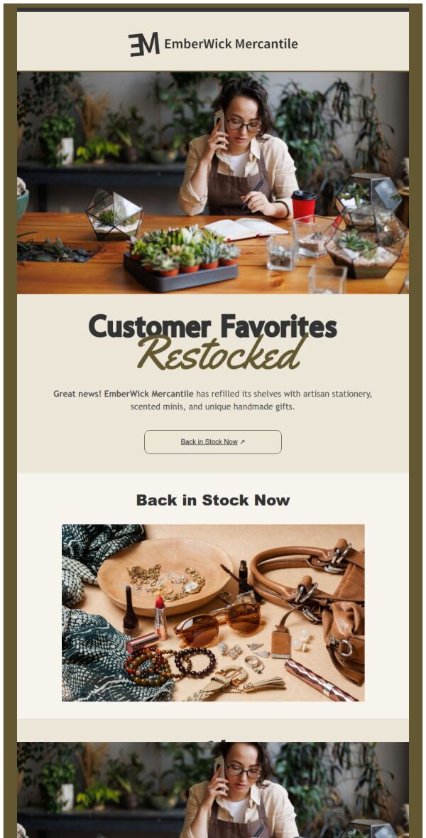 Back in stock Email Template 'Handmade Gifts' for Small Business