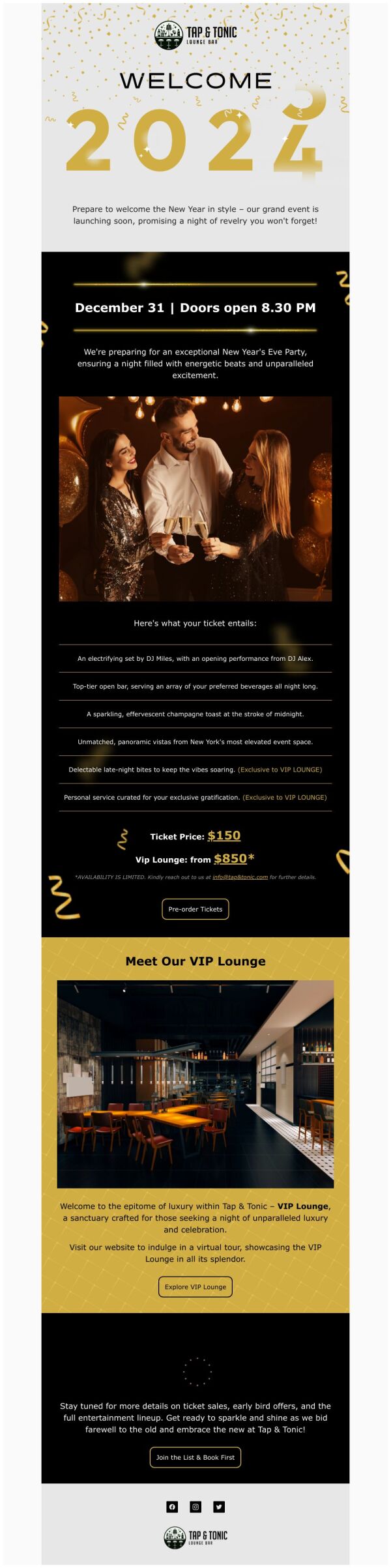 Lounge Email Example Coming soon Email Template 'Lounge Bar' for New Year | PosterMyWall