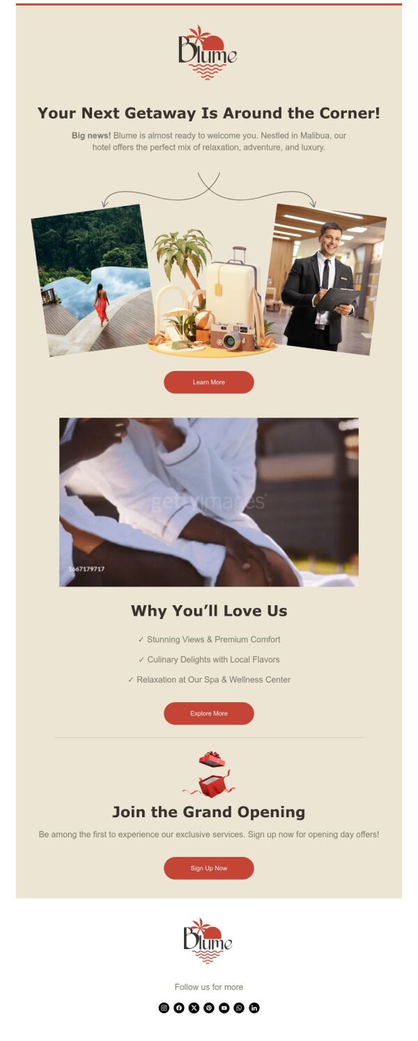 Coming soon Email Template 'Next Getaway' for Hotels | PosterMyWall