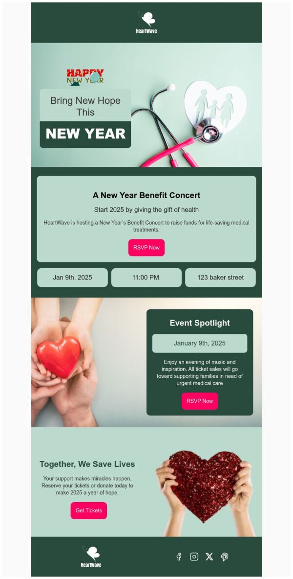 Event Promotion Email Template 'Benefit Concert' for New Year ...