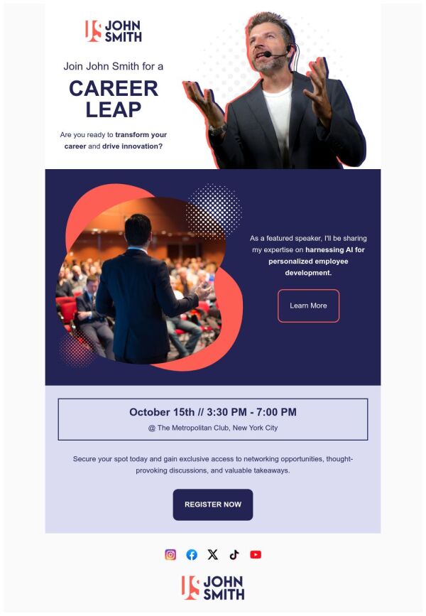 Pep Talk Email Example Event Promotion Email Template 'Career Leap' for Speaker | PosterMyWall