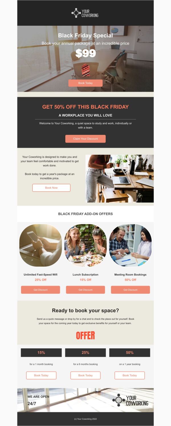 Event Promotion Email Template 'Coworking Space Package' for Black ...