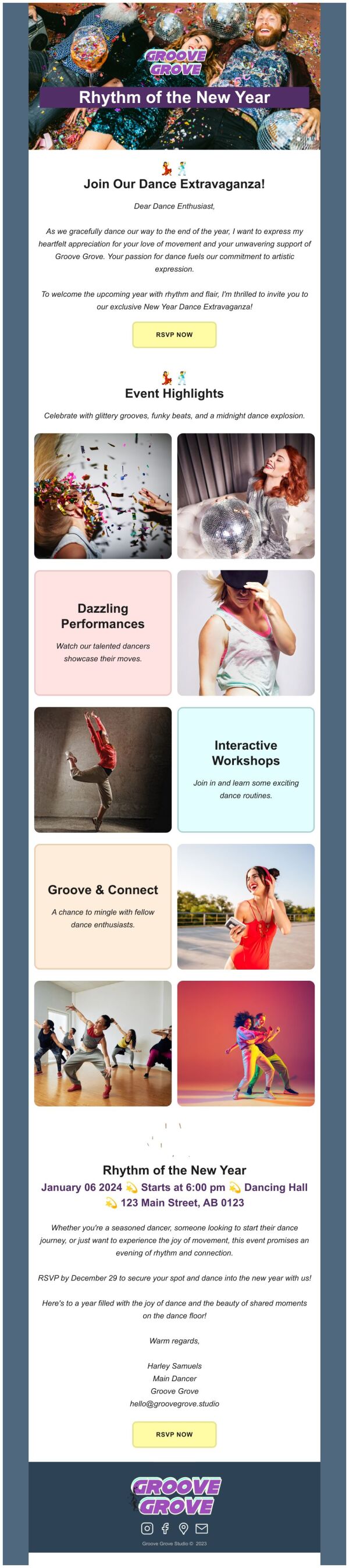 Event Promotion Email Template 'Dance Extravaganza' for New Year ...