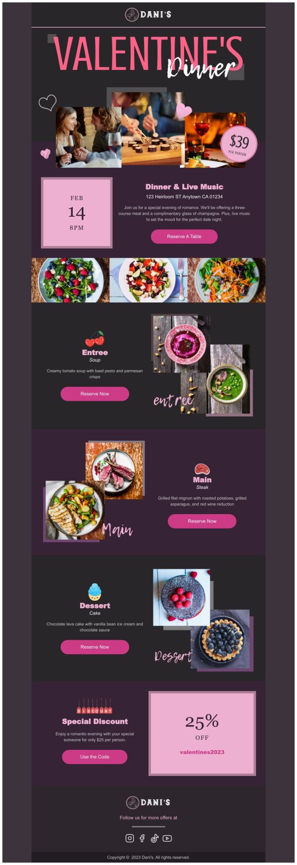 Event Promotion Email Template 'Dinner and Live Music' for Valentine's ...