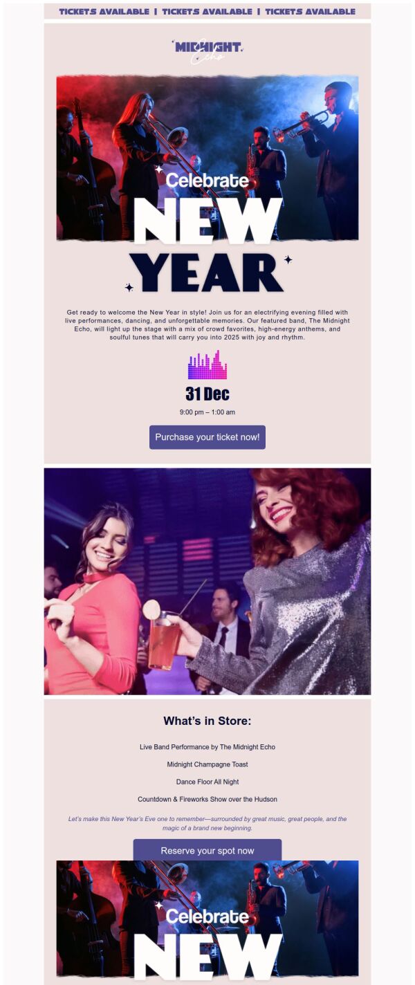 Event Promotion Email Template 'Electrifying Evening' for New Year ...