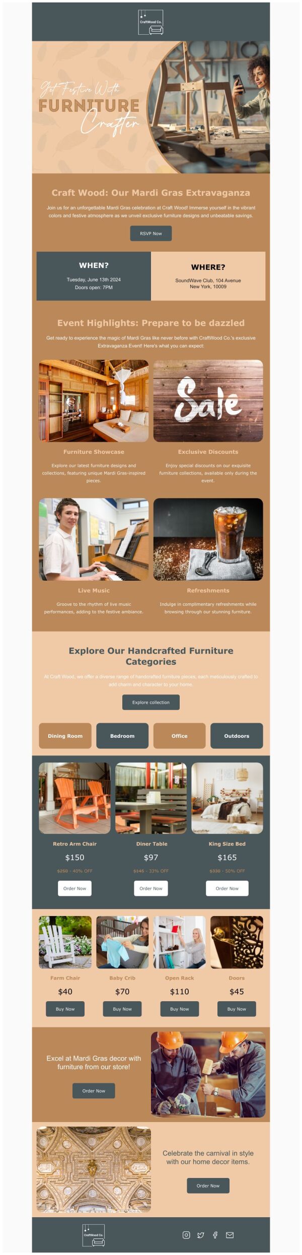 Event Promotion Email Template 'Furniture Crafter' for Mardi Gras ...