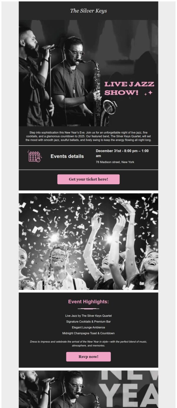 Event Promotion Email Template 'Live Jazz' for New Year | PosterMyWall
