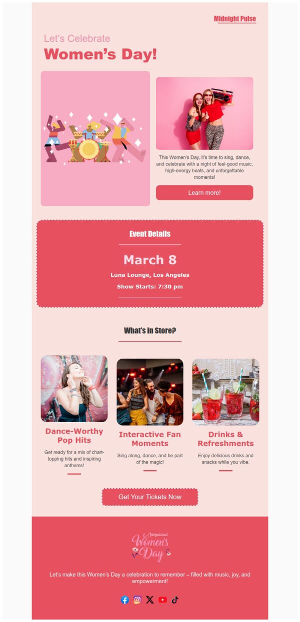 Event Promotion Email Template 'Sing and Dance' for Women's Day ...