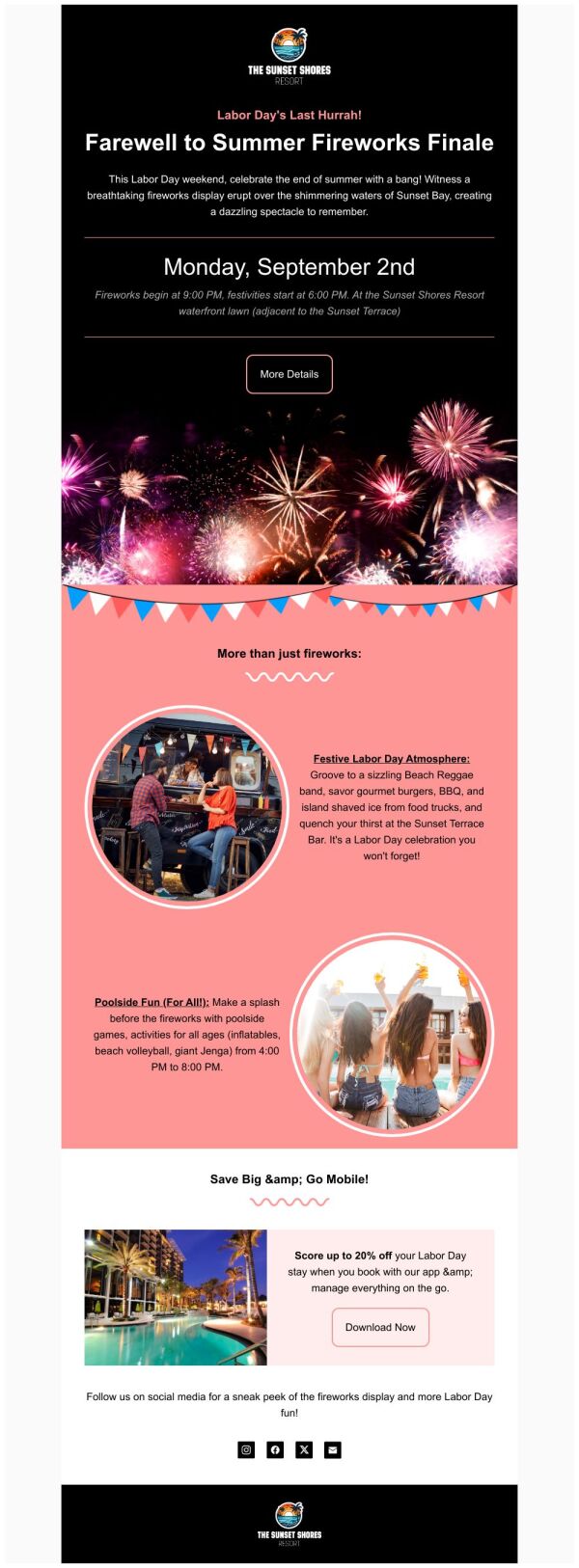 Event Promotion Email Template 'Sunset Shores Resort' for Labor Day ...