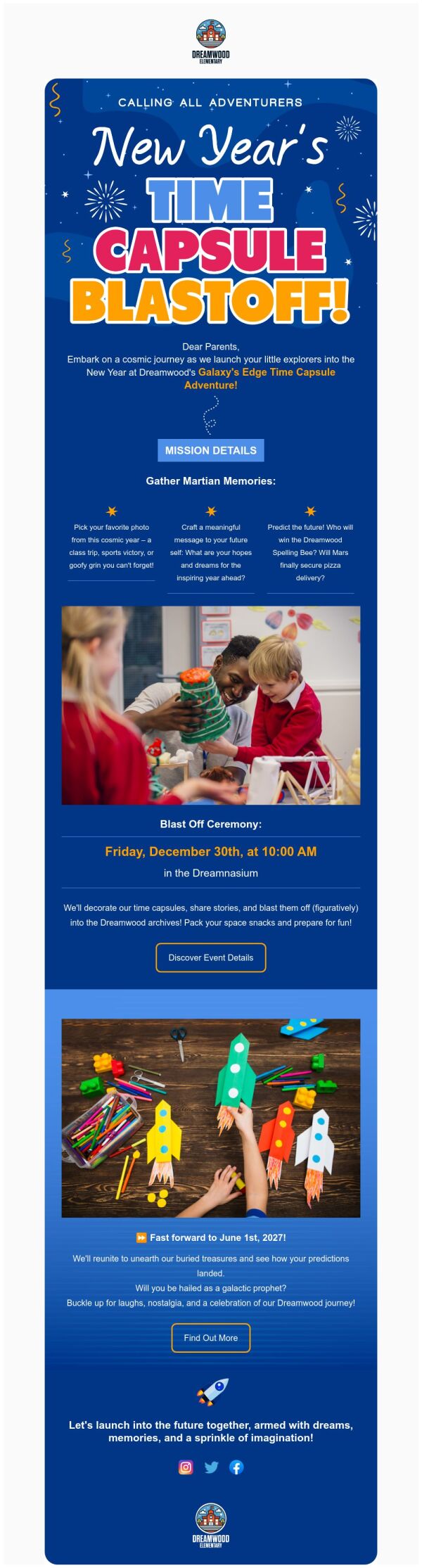 Event Promotion Email Template 'Time Capsule Blastoff' for New Year ...
