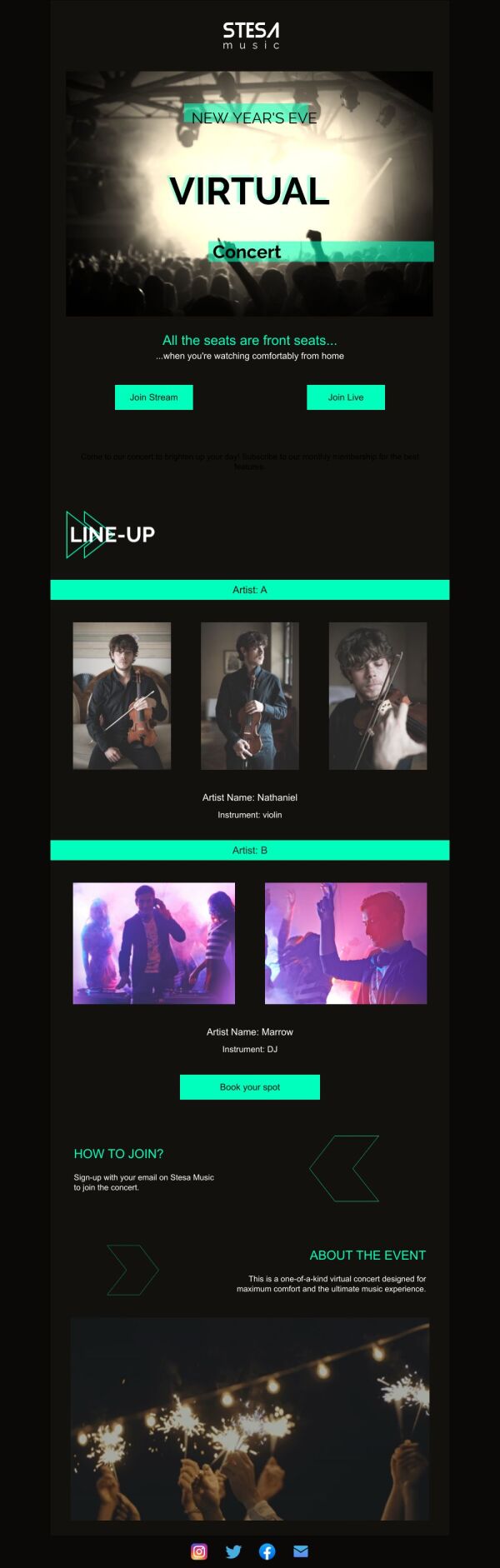 Event Promotion Email Template 'Virtual Concert' for New Year ...