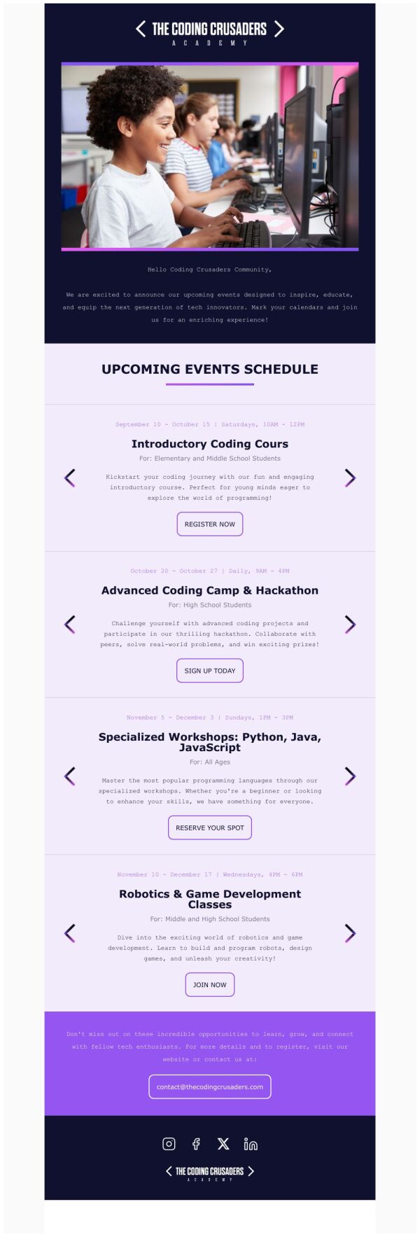 Coding Events Template Event Schedule Email Template 'Coding Crusaders' for Educational ...