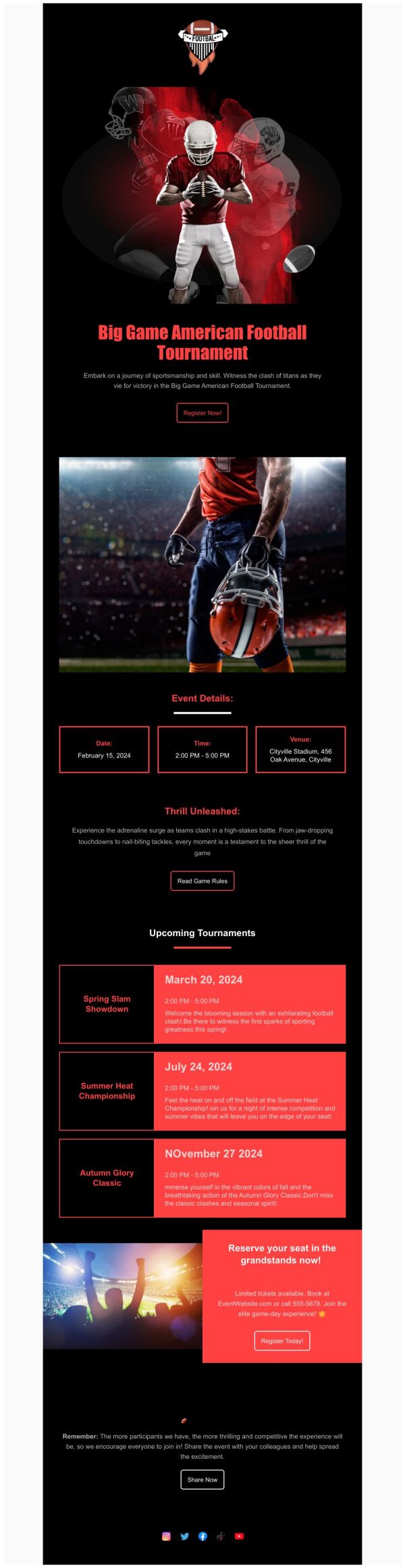 Event Schedule Email Template 'Football Tournament' for Sports