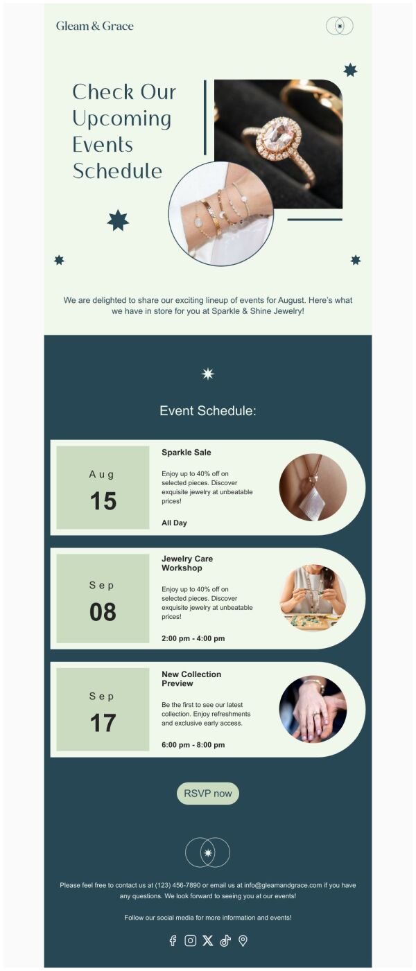Event Schedule Email Template 'Gleam & Grace' for Small Business ...