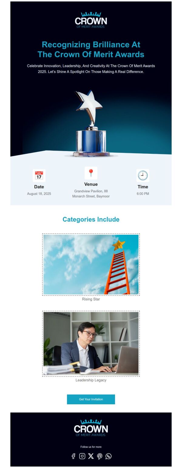 Event Schedule Email Template 'Merit Awards' for Corporate | PosterMyWall