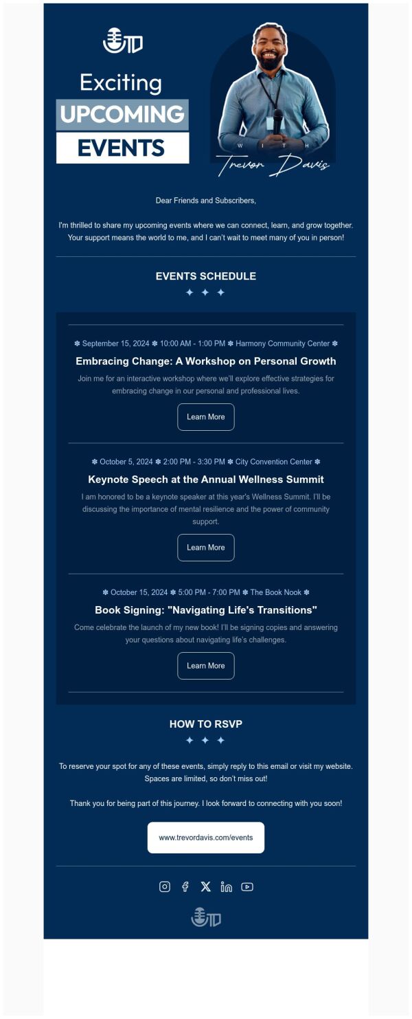 Event Schedule Email Template 'Personal Growth' for Speaker | PosterMyWall